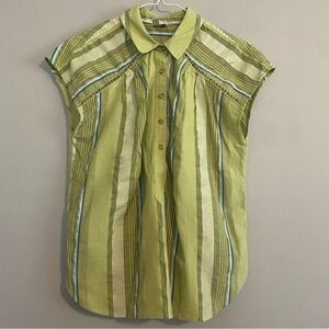 Anthropologie Pilcro  Green Stripped Metallic Collared Blouse W/ 5 Buttons